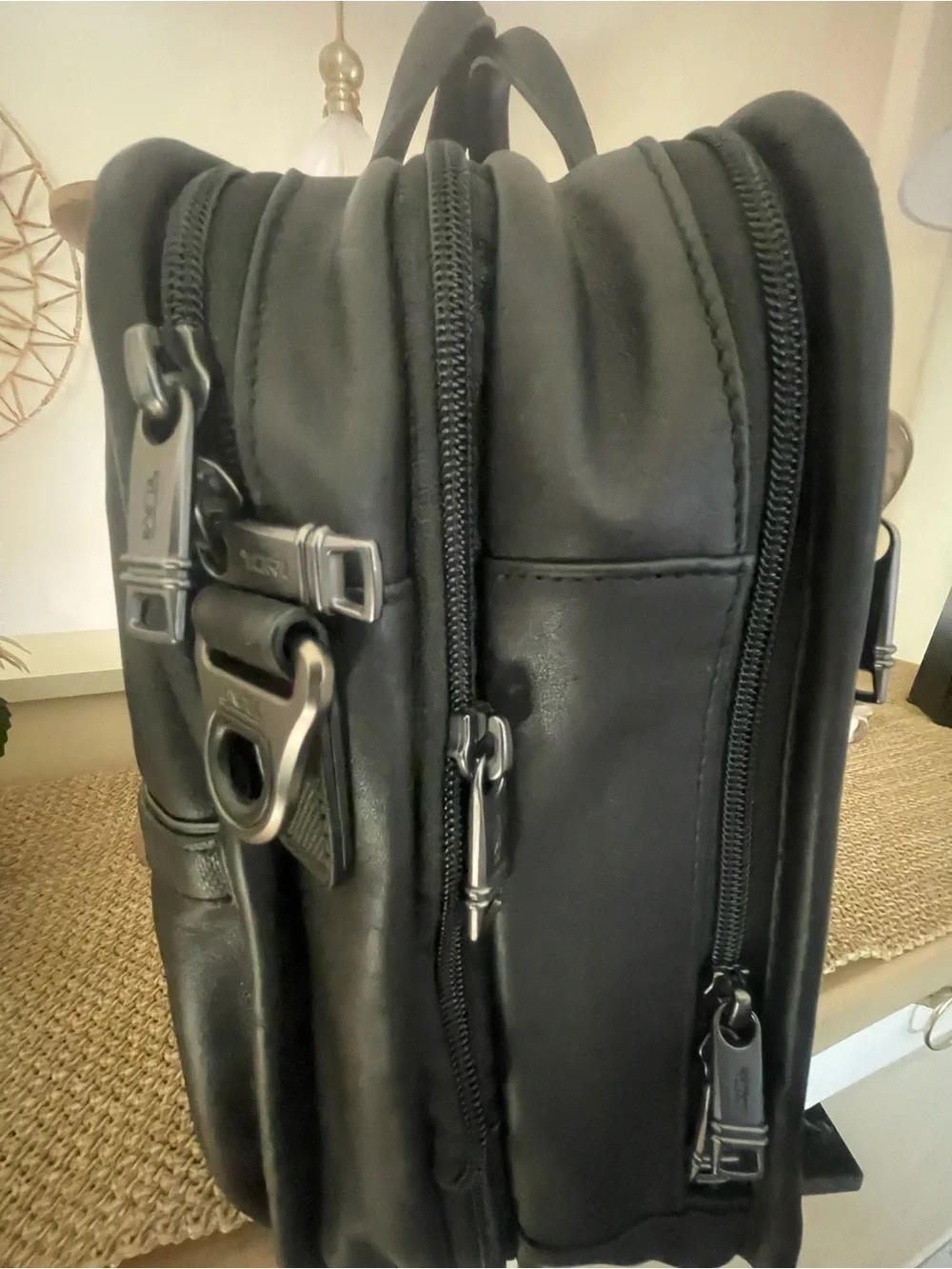 Tumi Black Leather Laptop Briefcase with Front Zip Pockets
